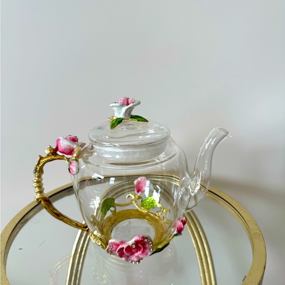 Elegant Glass Floral Teapot with Pink Accents NWT - Picture 6 of 7